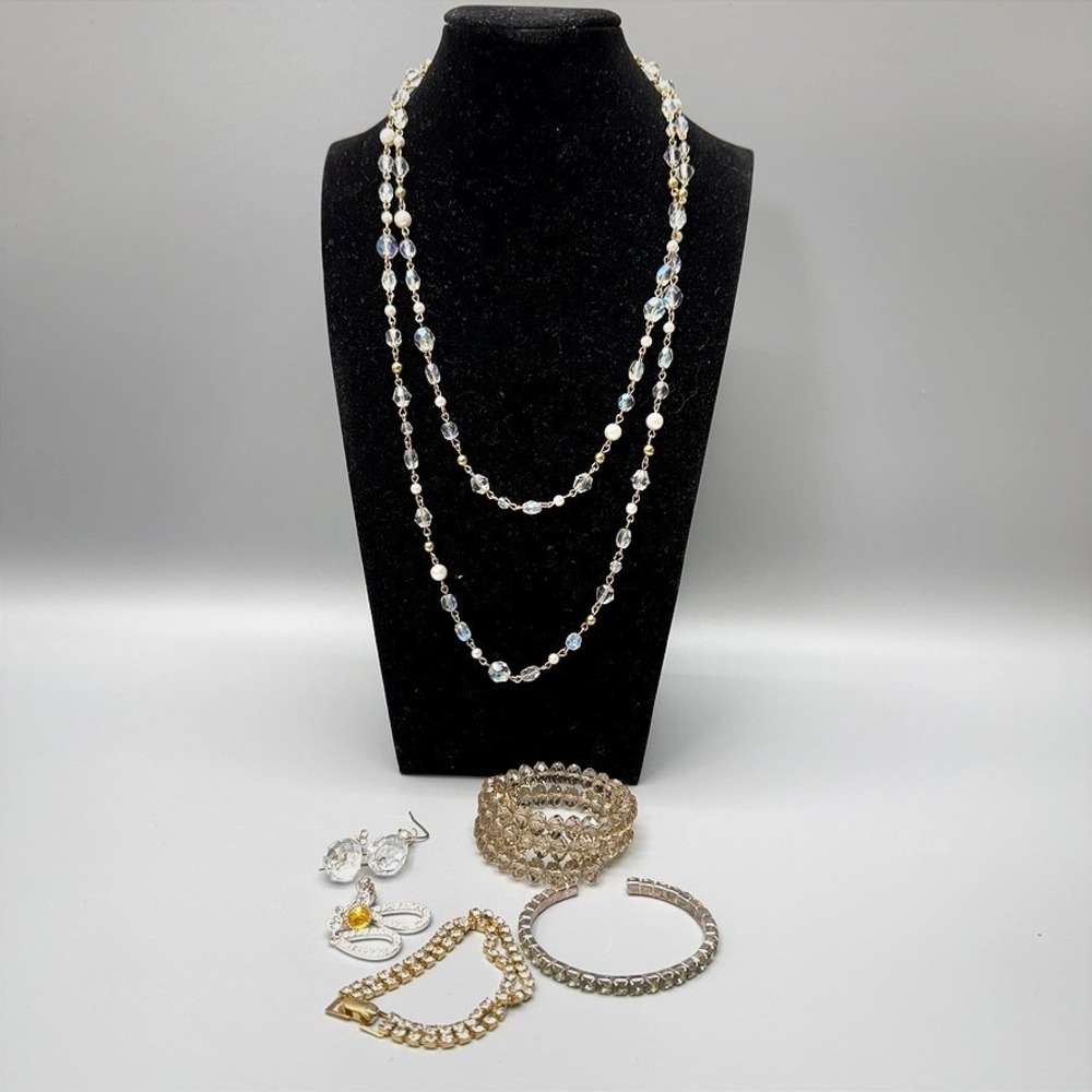 Clear Crystal Rhinestone Jewelry Lot 6pc Necklaces Bracelets Earrings READ
